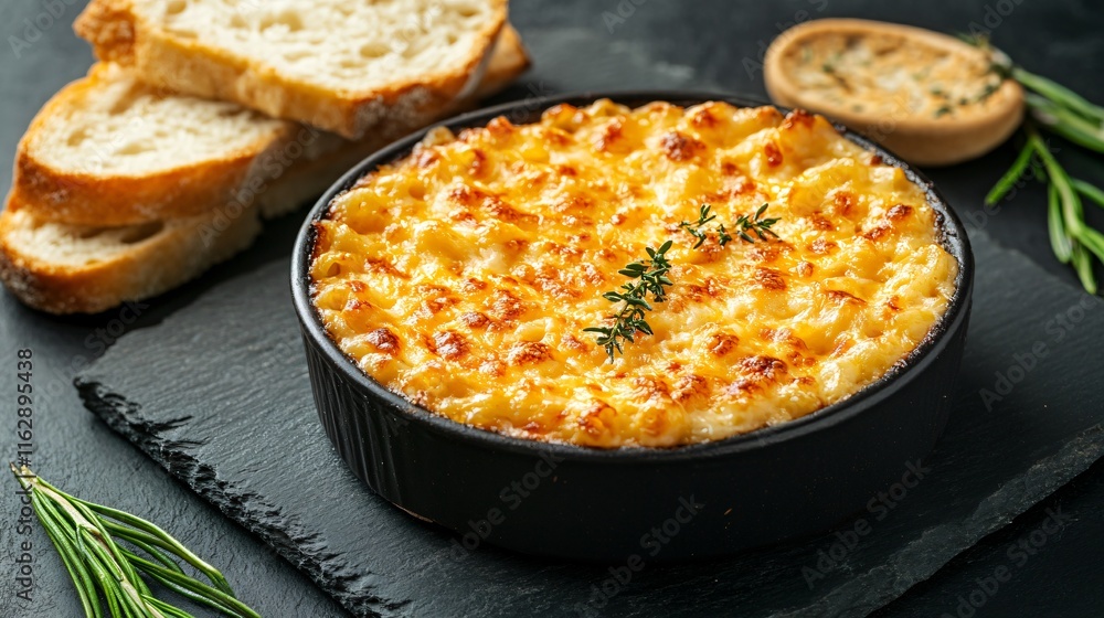 Macaroni and cheese with a bubbling cheese crust, isolated on a black slate background with a side of garlic bread Macaroni and cheese with a bubbling cheese crust, isolated on a black slate background with a side of garlic bread
