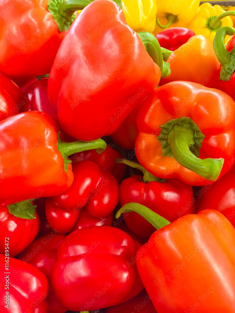 Bright red and yellow bell peppers arranged in a vibrant display at the market Bright red and yellow bell peppers arranged in a vibrant display at the market