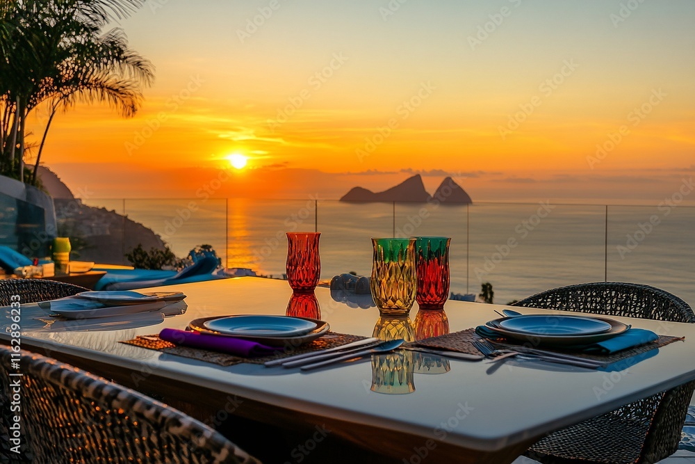 Fototapeta premium Sunrise ocean view from a luxury outdoor dining setting.