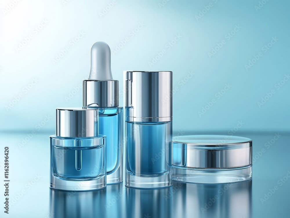Obraz premium A collection of blue cosmetic bottle and jars on a reflective surface.