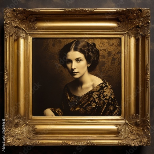 Elegant portrait of a royal  in a vintage golden frame with intricate details, set against a luxurious textured gold and black photo