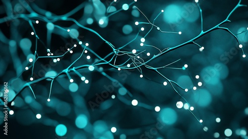 Abstract neural network, glowing teal branches and nodes.