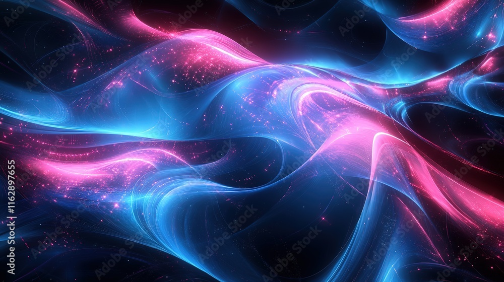 Obraz premium abstract waves, digital background with blue and pink neon colors, smooth flowing shapes, glowing points creating depth, suitable for futuristic themes and technology concepts , 4k Background