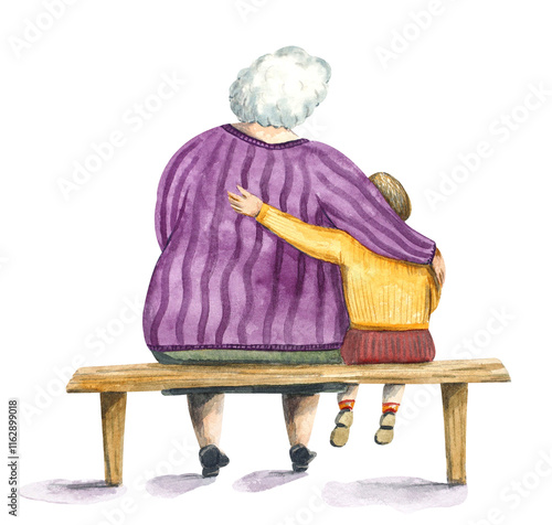 Grandmother and grandson are sitting hugging on a bench in the garden. The concept of caring and connecting generations. Watercolor illustration on transparent background.