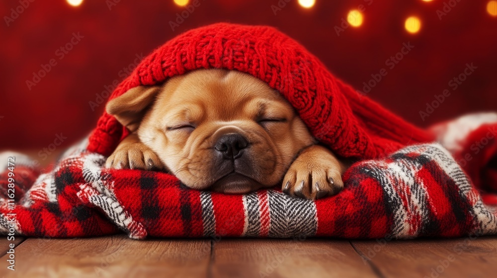 A sleeping puppy wrapped in a cozy red blanket, evoking warmth and comfort. A sleeping puppy wrapped in a cozy red blanket, evoking warmth and comfort.