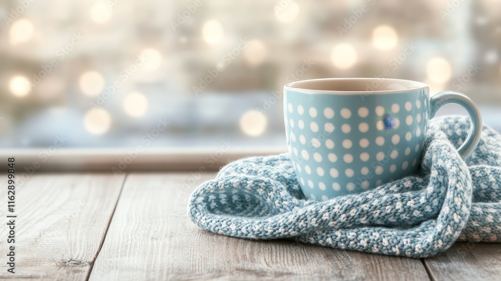A cozy blue polka-dotted mug rests on a soft knitted blanket, creating a warm atmosphere. A cozy blue polka-dotted mug rests on a soft knitted blanket, creating a warm atmosphere.