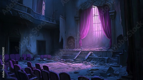 Derelict theater interior; ruined stage, purple curtains, dusty seats, dim light.