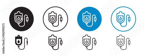 Set of 8 "Blood Transfusion" icons with an unexpanded vector & 1 silhouette - Blood transfusion icon featuring blood bag n tube, symbolizing medical care n emergency services