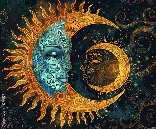 Intricate sun and moon artwork.  Ornate design featuring detailed faces, rich gold and teal colors, and a celestial background.
