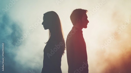 Silhouetted couple standing apart, symbolizing relationship problems or separation.