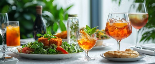 Delicious meal with salad, fried fish, and refreshing cocktails on a table near a window.