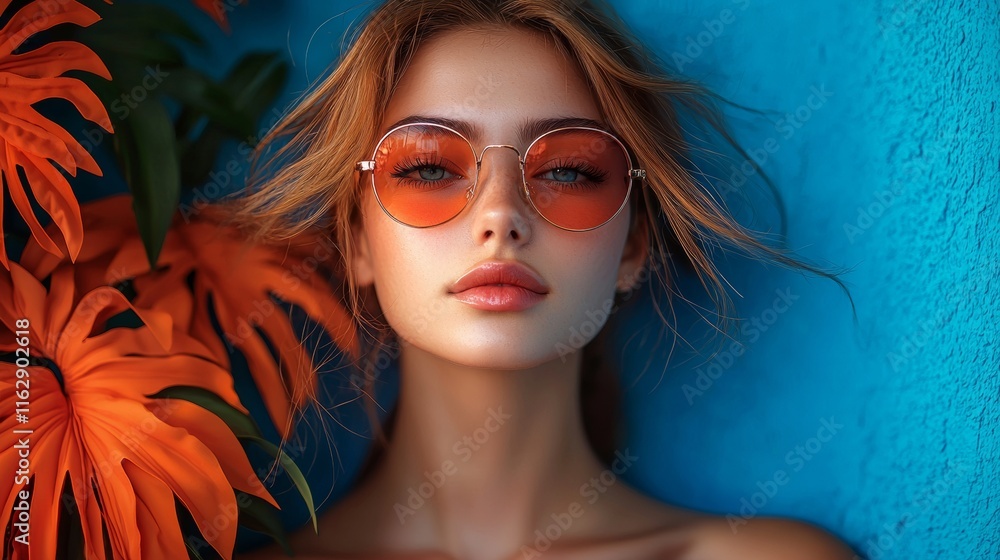 Fototapeta premium Stylish woman with orange sunglasses and lush leaves