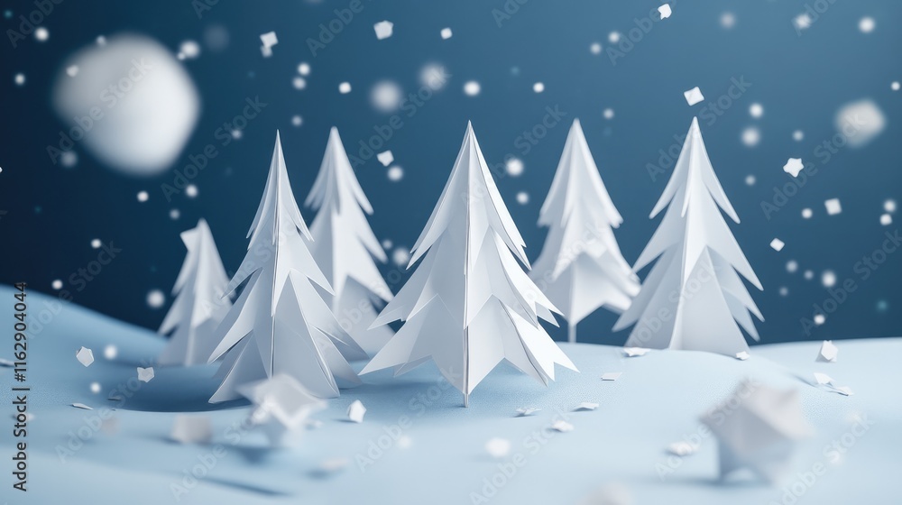 A serene winter scene featuring paper-like trees and falling snowflakes. A serene winter scene featuring paper-like trees and falling snowflakes.