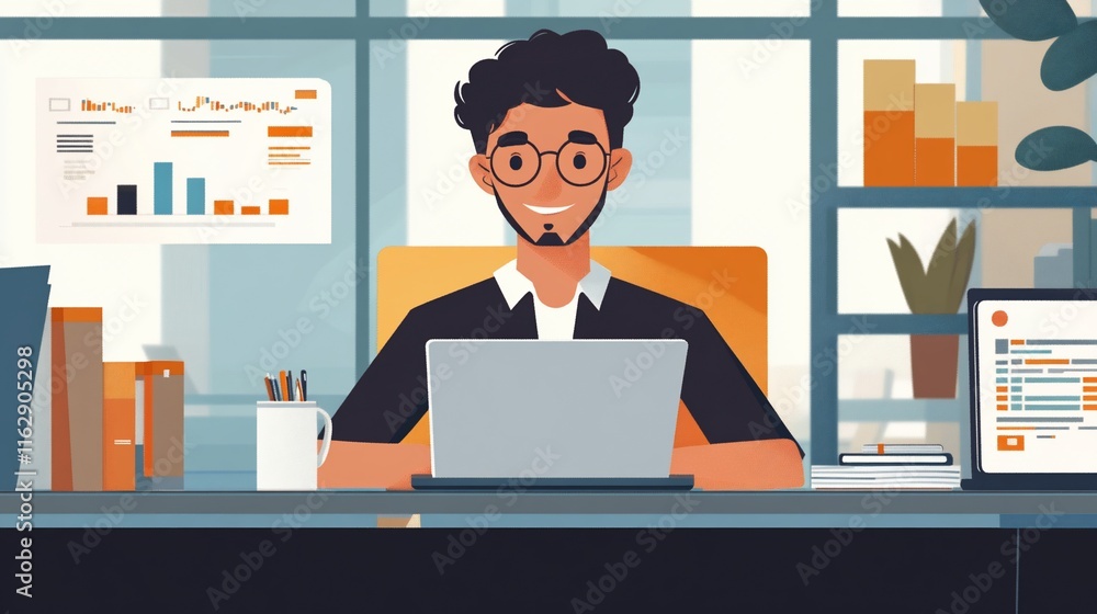 Happy man working on laptop at modern office desk. Happy man working on laptop at modern office desk.
