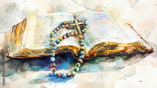 Watercolor rosary draped over open book, intricate bead details, soft shadows. Faith, prayer, devotion, spiritual, artistic rendering.