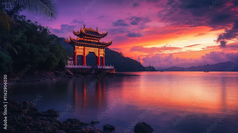 Vibrant sunset over tranquil lake with traditional Asian archway. Vibrant sunset over tranquil lake with traditional Asian archway.