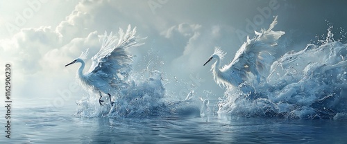 Wallpaper Mural Two white herons gracefully emerge from ocean waves, wings spread majestically. Torontodigital.ca