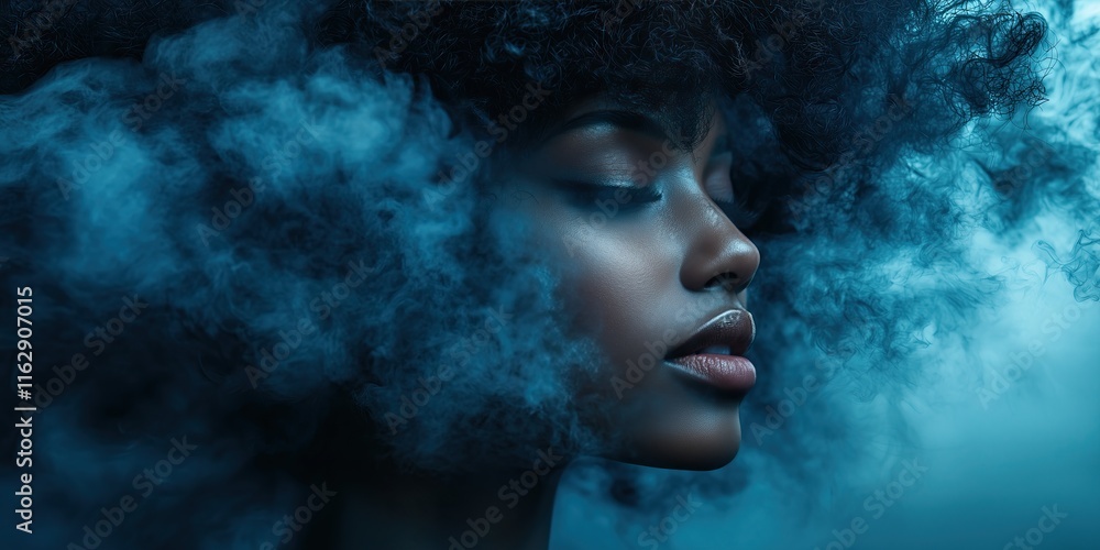 Serene portrait of woman enveloped in ethereal blue smoke eyes closed peace and tranquility Serene portrait of woman enveloped in ethereal blue smoke eyes closed peace and tranquility