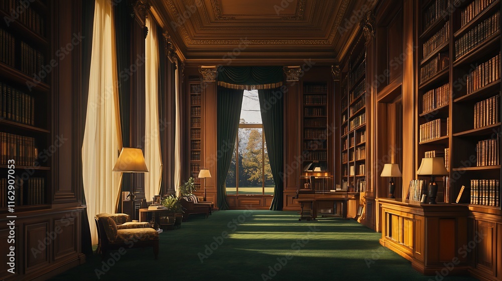 Sunlit grand library interior with bookshelves, armchairs, and a desk. Sunlit grand library interior with bookshelves, armchairs, and a desk.