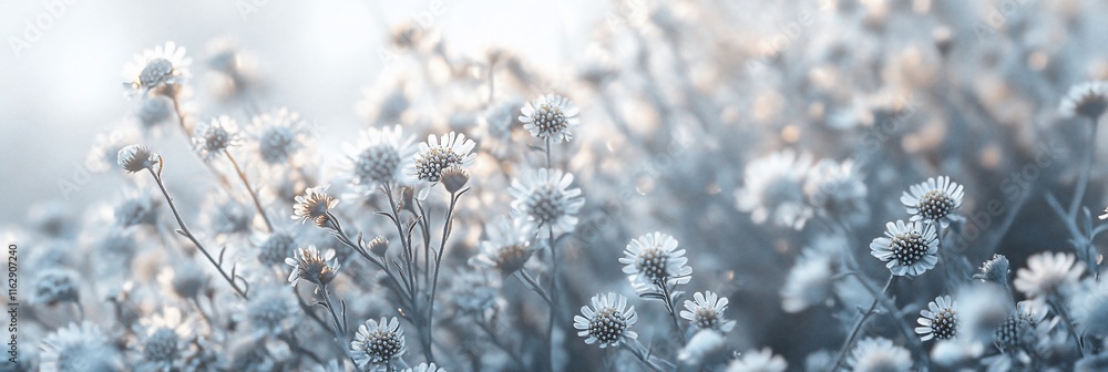 Soft light illuminates a field of delicate wildflowers in pastel tones. Soft light illuminates a field of delicate wildflowers in pastel tones.