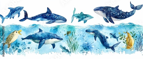 Watercolor painting of ocean wildlife, including whales, sharks, dolphins, sea turtles, and other marine life.