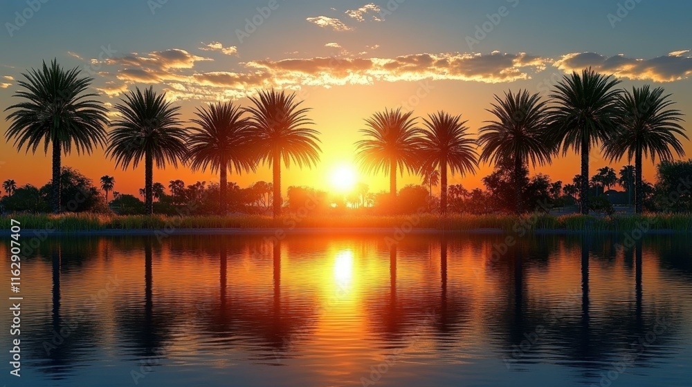 Palm tree silhouettes Sun dipping below horizon line