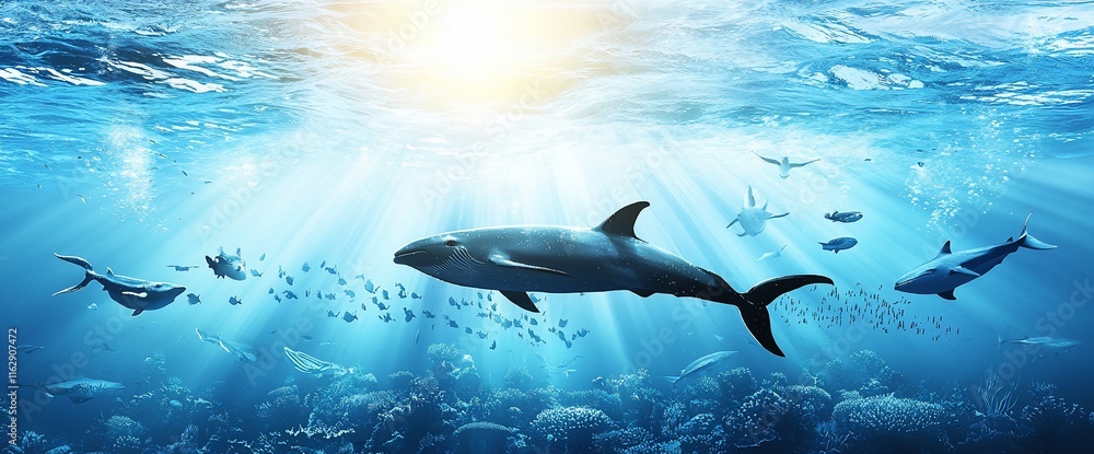Obraz premium Underwater scene with dolphins, fish, and coral reef.