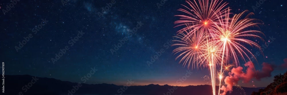 Burning fireworks illuminate a starry night sky, with sparks flying everywhere, sparkles, stars, explosions Burning fireworks illuminate a starry night sky, with sparks flying everywhere, sparkles, stars, explosions