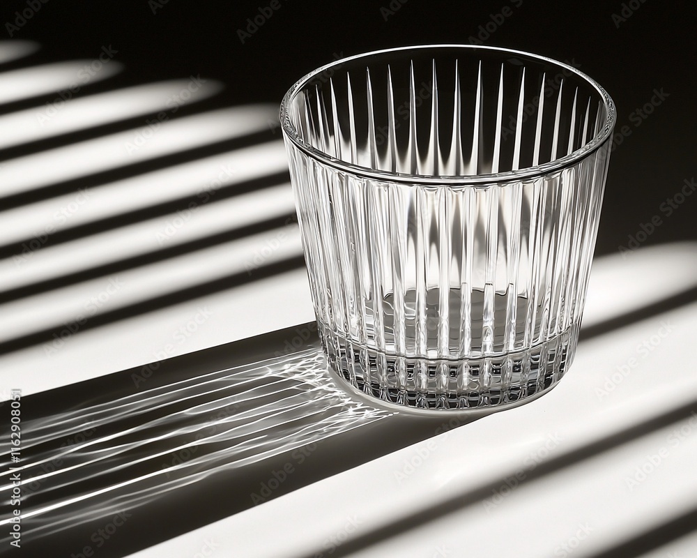 Empty ribbed glass on striped surface. Empty ribbed glass on striped surface.
