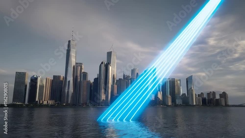 Futuristic Cityscape with Neon Lights and Digital Elements