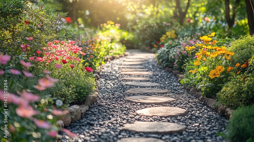 Fototapeta premium Tranquil garden pathway spring season nature photography lush environment serene viewpoint outdoor concept