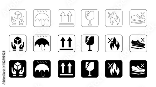 Box and Handling Instructions icon set. Shipping and Handling Symbol Collection in line and fill style. Vector illustration.