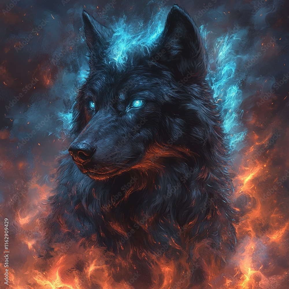 Majestic black wolf surrounded by flames enigmatic art dark fantasy environment digital illustration Majestic black wolf surrounded by flames enigmatic art dark fantasy environment digital illustration