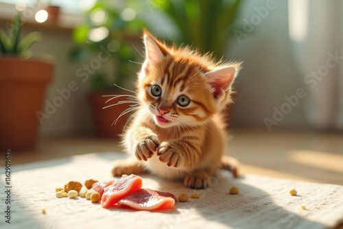 Adorable Abyssinian kitten reaching for food cute pet photography stock image for content creation photo