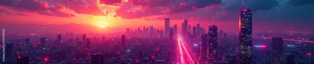 Fototapeta premium Glowing neon lights behind a futuristic cityscape at sunset, glow, urban, background