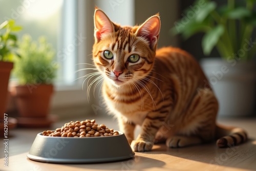 Adorable Abyssinian kitten with captivating eyes ready to eat a bowl of kibble food