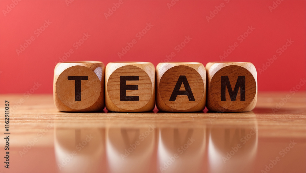 the word team is written on a wooden cubes structure on red background the word team is written on a wooden cubes structure on red background
