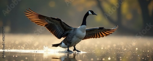 Large Canada goose spreading wings, taking flight, sky, nature photography photo