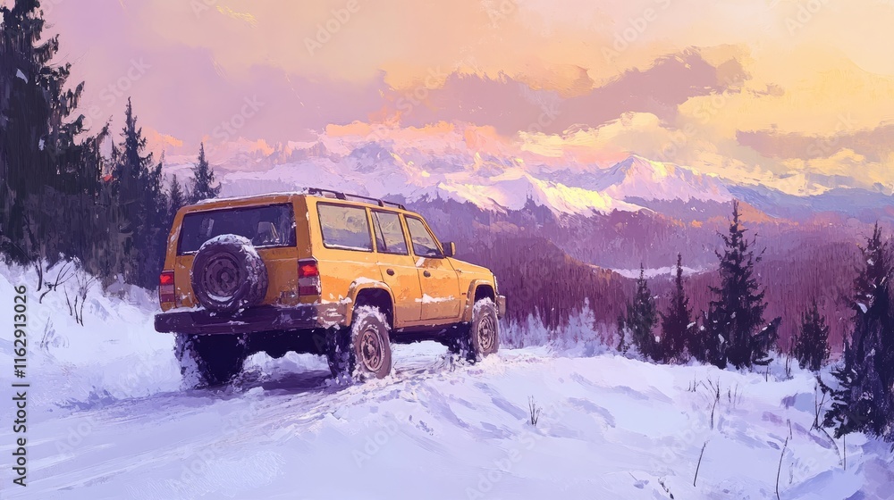 A yellow vehicle parked on a snowy mountain road at sunset, surrounded by trees and peaks.