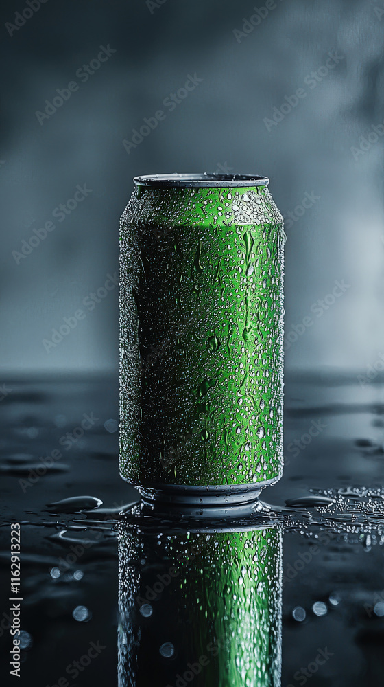 Beverage can mockup: Reflective surface, condensation droplets. Realistic, refreshing, product presentation, branding, packaging design. Beverage can mockup: Reflective surface, condensation droplets. Realistic, refreshing, product presentation, branding, packaging design.