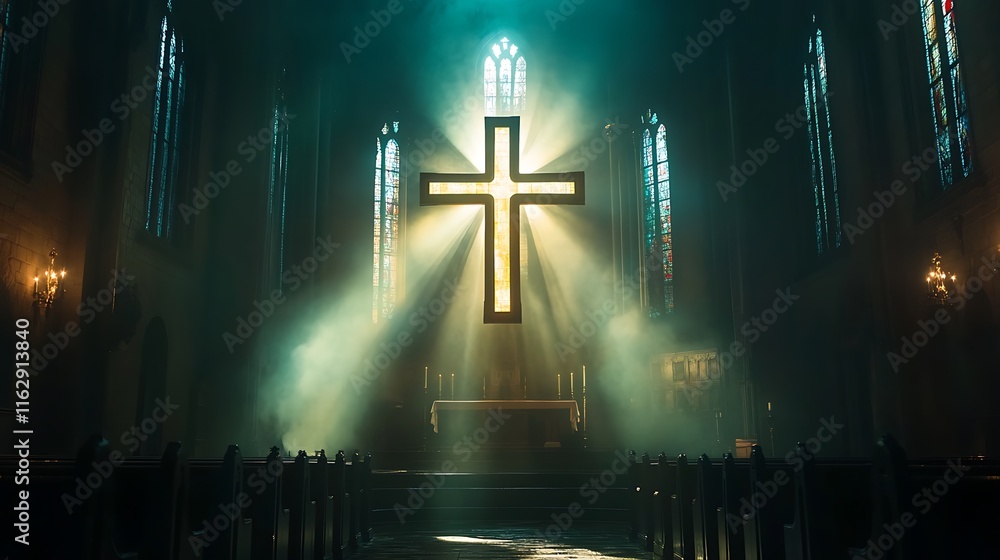 Naklejka premium Illuminated cross in a church sanctuary.