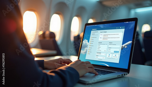 Person using laptop in airplane with travel management software