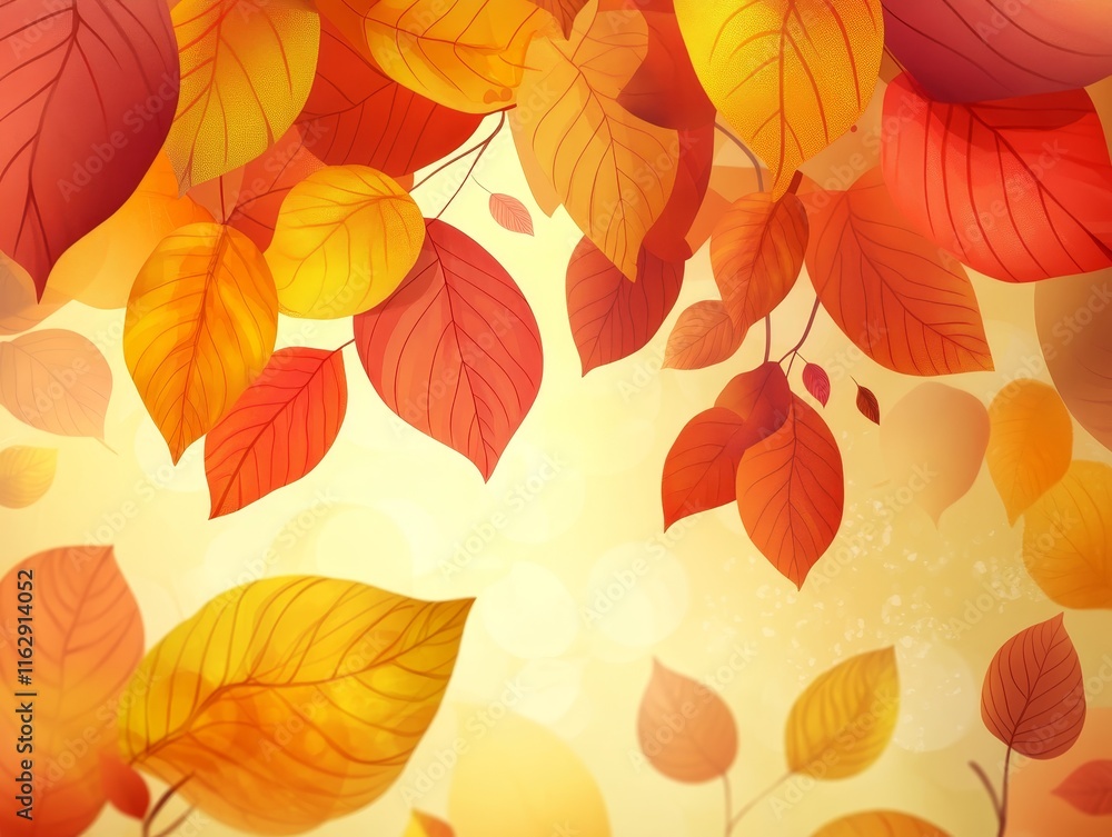 Obraz premium A vibrant display of autumn leaves in warm hues against a soft, blurred background.