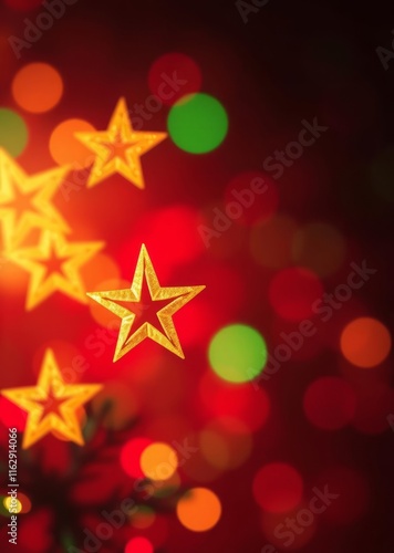 Christmas lights, glowing stars, bokeh effect, red and green orbs, festive atmosphere, warm tones, blurred background, holiday magic, soft focus, twinkling lights, golden stars, decorative illuminatio photo