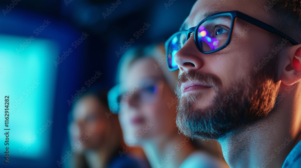 Fototapeta premium Group of People Engaged in Presentation with Reflective Lighting