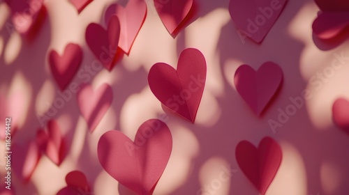 A backdrop of pink paper hearts creating a romantic and festive atmosphere.