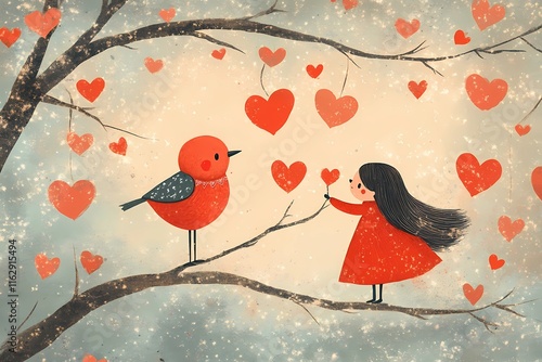 Whimsical illustration of a red bird and a girl holding a heart on tree branches surrounded by hanging hearts on a textured pastel background, perfect for Valentine's Day greeting card, banner, postca photo