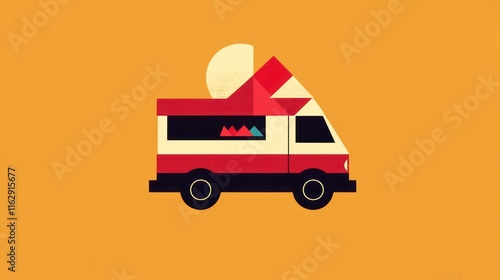 A stylized illustration of a food truck against a solid orange background. photo