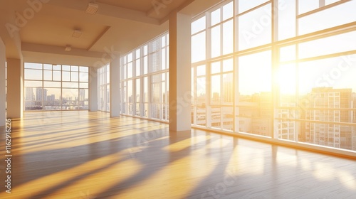Bright  spacious interior with large windows showcasing a city skyline at sunset.