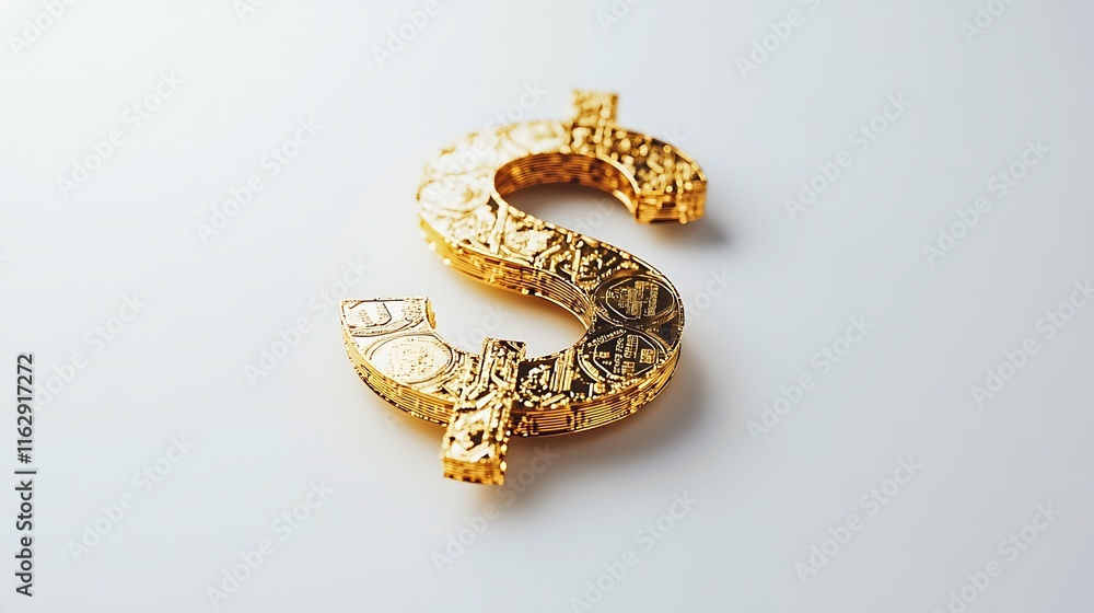 Golden dollar sign symbol crafted from intricate details on a white background. Golden dollar sign symbol crafted from intricate details on a white background.